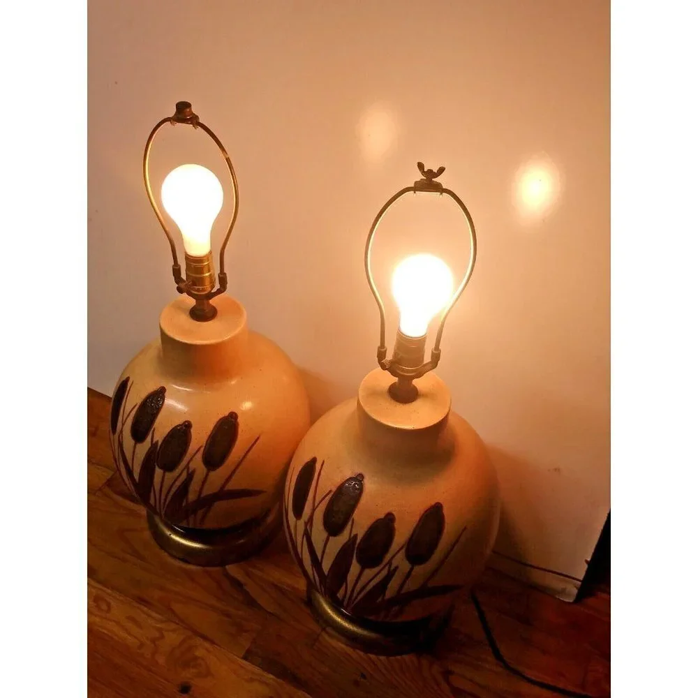 Vintage 1970s Ceramic Cattail Table Lamps Boho MCM 20